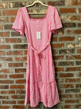 D29 - Mary Square Pink Striped Midi Emery Dress with Tie Waist